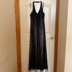 Betsy & Adam Silver gown with black mesh sequined overlay -Size 8